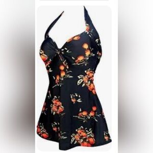 Cocoship Black Orange Print Tie Halter Swimdress 3XL